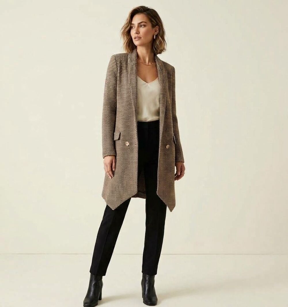 Hazel Women's Knit Double Breasted Longline Blazer Sweater Brown Jacket Size M